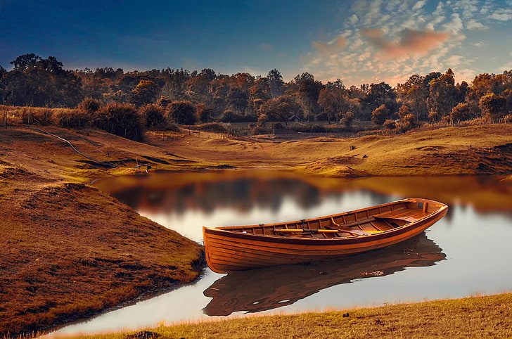 brown wooden framed brown wooden table, boat, nature, landscape
