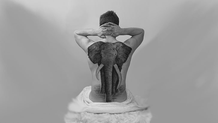 elephant back tattoo, monochrome, men, rear view, adult, one person