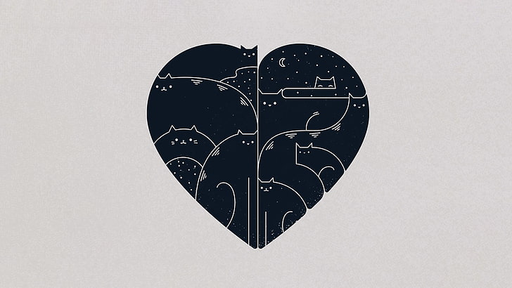 black and white heart illustration, minimalism, cat, artwork