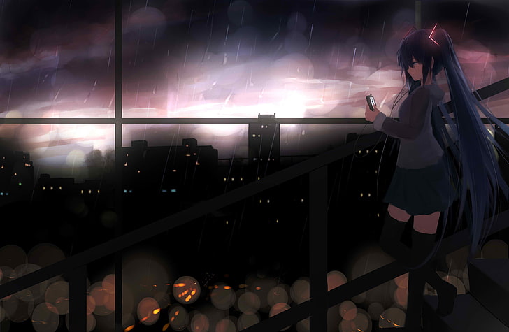 blue-haired woman illustration, girl, the city, rain, anime, headphones, HD wallpaper