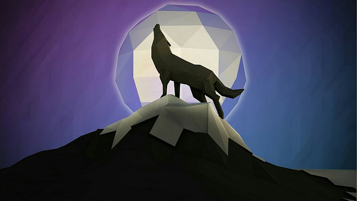 wolf, moon, mountain, low-poly, darkness, art, low poly, polygon