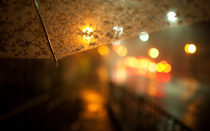 brown umbrella, bokeh photography of gray umbrella, rain, night