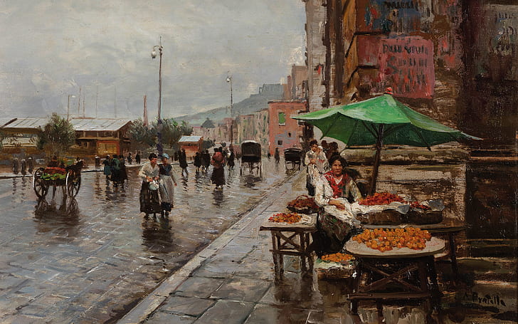 Napoli, Naples, Italian painter, oil on canvas, the way of the Market