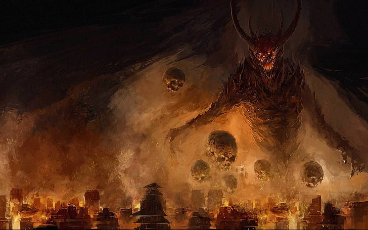 fantasy art, demon, city, fire, skull, HD wallpaper