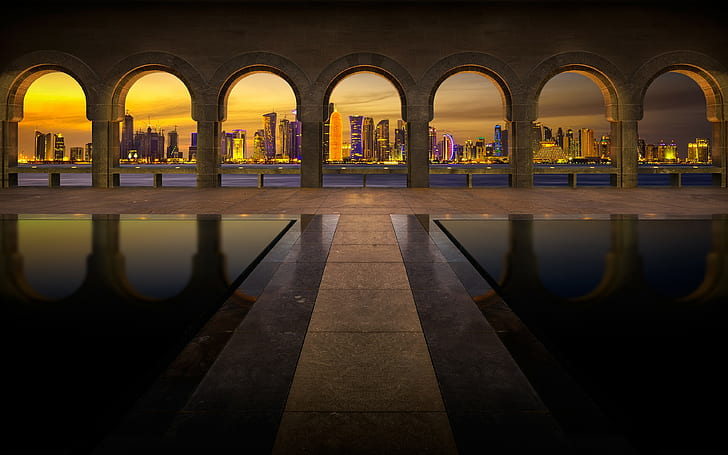 Qatar, cityscape, arch, skyscraper, pillar, reflection, museum, HD wallpaper