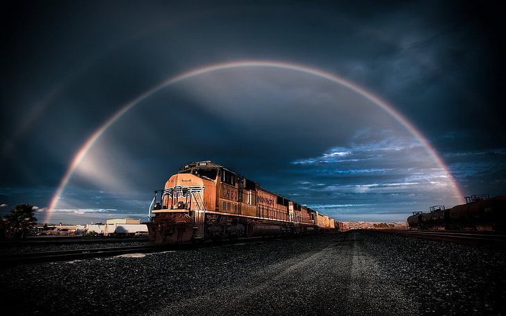 brown and black train, railway, rainbows, clouds, stones, vehicle, HD wallpaper