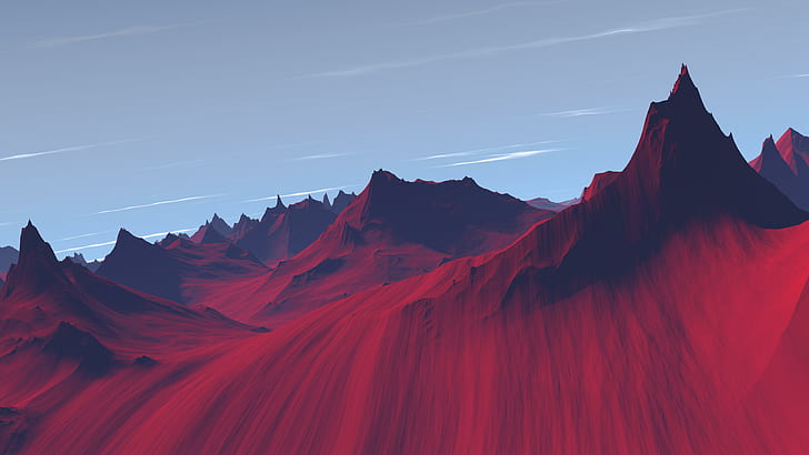 photoshop art, alien landscape, red, mountain, prickly, 8k uhd