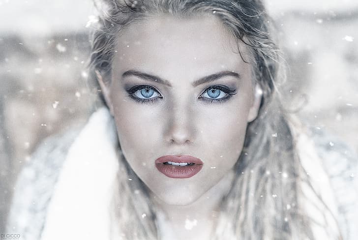girl, photo, photographer, blue eyes, snow, model, bokeh, lips