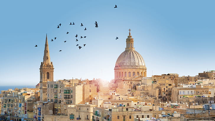 Malta, Valletta City town, buildings, birds, sun rays
