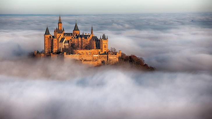 cloudy, hohenzollern castle, bavaria, germany, morning, building, HD wallpaper
