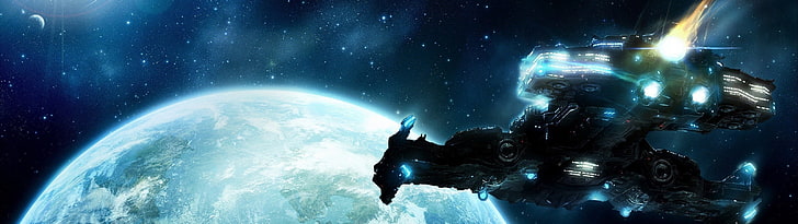 space ship near earth, Starcraft II, spaceship, video games, planet earth