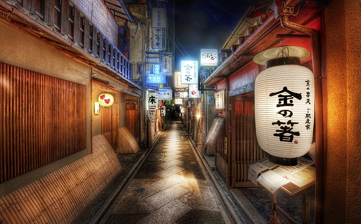 japanese cityscape architecture building anime hdr night lights bamboo clouds street japan city lantern, HD wallpaper