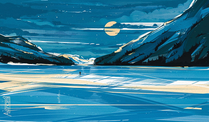 artwork, Aenami, ice, Moon, blue, nature, cold temperature, HD wallpaper