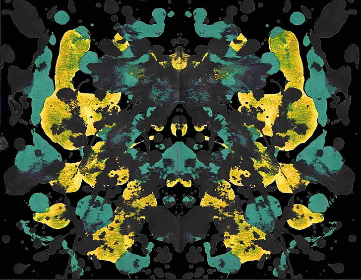 yellow and teal abstract painting, Rorschach test, ink, paint splatter