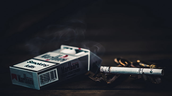 Marlboro cigarette with box, macro, Smoking kills, communication