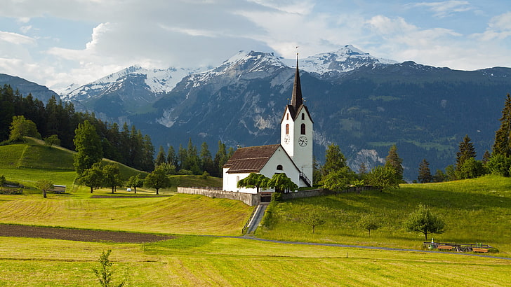 meadow, graubunden, versam kirche, versam church, countryside, HD wallpaper