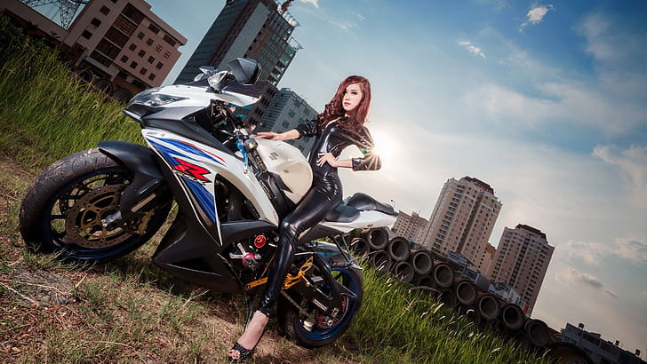 Asian girl and Suzuki GSX-R motorcycle, HD wallpaper