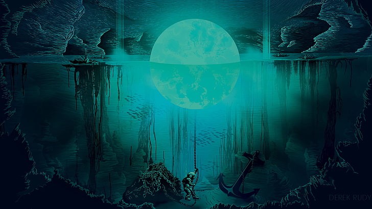 Derek Rudy, digital art, sea, Moon, artwork, underwater, divers, HD wallpaper