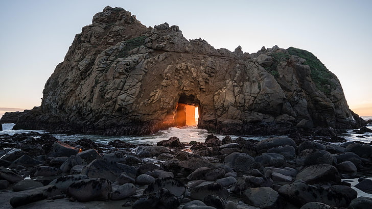 golden door, sunset, beach, big sur, pfeiffer beach, pfeiffer state park, HD wallpaper