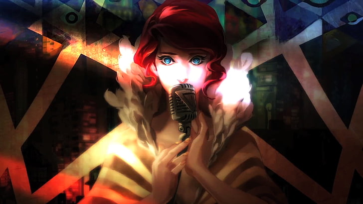 woman holding microphone graphic wallpaper, Transistor, redhead