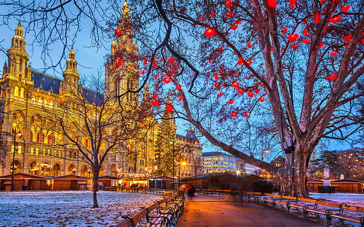 Vienna, Austria, Town Hall, winter, snow, trees, evening, buildings, lights, HD wallpaper