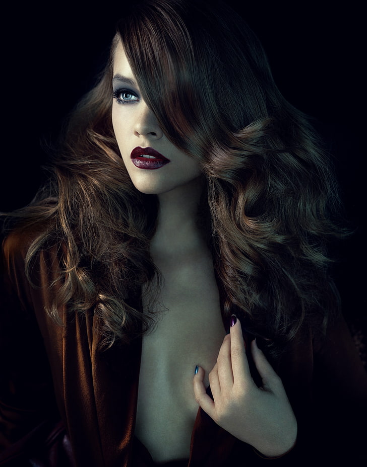 women's red top, Barbara Palvin, model, brunette, blue eyes, makeup