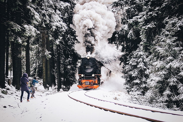 black train, nature, railway, snow, vehicle, winter, cold temperature, HD wallpaper