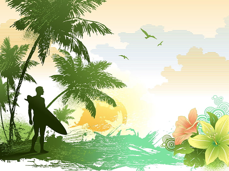 man holding surfboard illustration, beach, palm trees, people, HD wallpaper