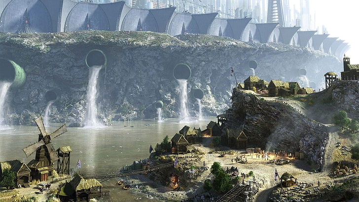 fantasy art, fantasy city, water, architecture, built structure