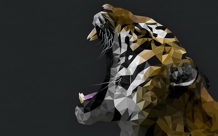 tiger head mosaic 3D wallpaper, face, fangs, grin, geometry, abstract, HD wallpaper