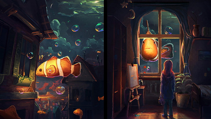 lighting, darkness, art, fantasy art, dream, night, clownfish, HD wallpaper
