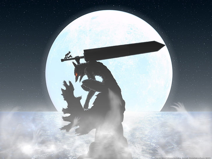 silhouette of wolf holding sword, Berserk, Guts, manga, Kentaro Miura, HD wallpaper