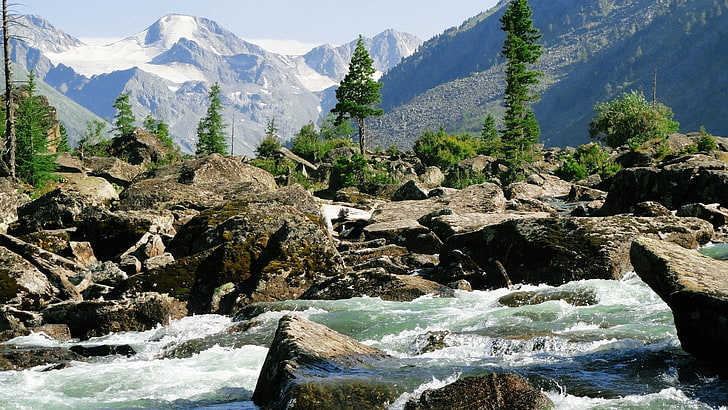 river, rocks, mountains, water, landscape, beauty in nature, HD wallpaper