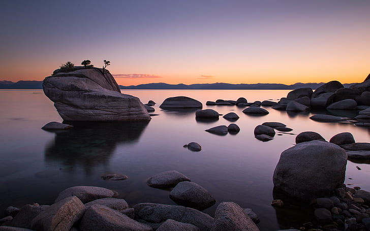 rocky seaside during sunset, tahoe, tahoe, Shores, Explore, sunset  Lake, HD wallpaper