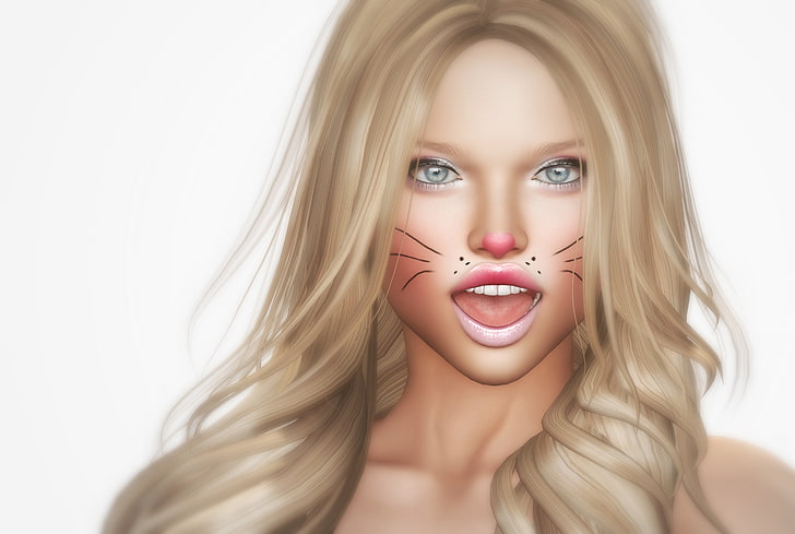 Catgirl, luminos, blonde, fantasy, rendering, face, white, pink, HD wallpaper