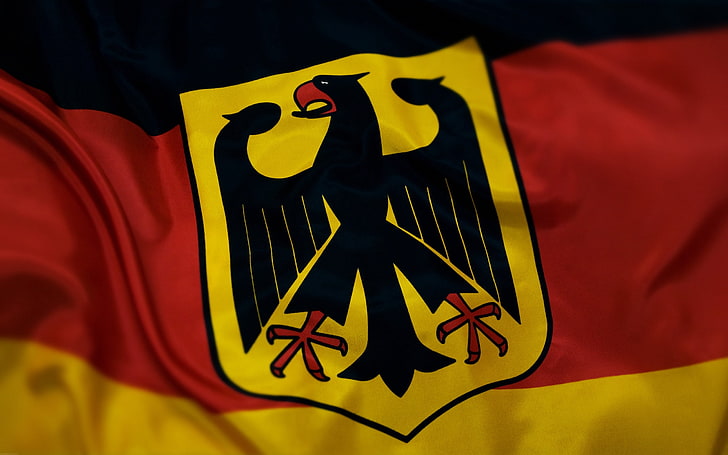 yellow and black eagle logo, germany, flag, coat of arms, fabric