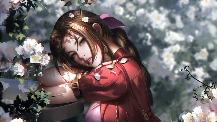 face, petals, red, Final Fantasy, red dress, flowering in the spring