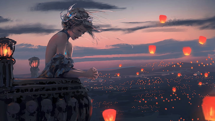 illustration of gray chaired woman, girl in black top near hot air balloons, HD wallpaper