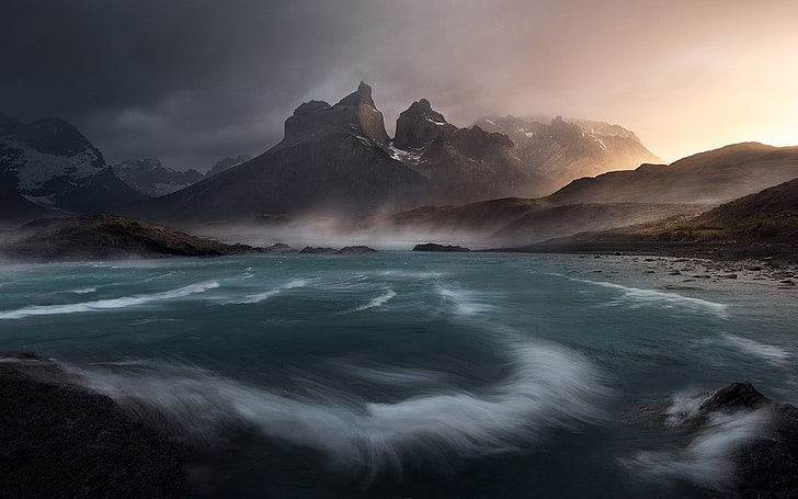nature, landscape, wind, lake, clouds, mountains, Torres del Paine