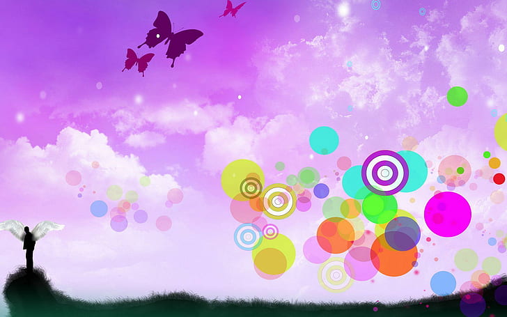 Butterflies and circles, silhouette of person with wings graphics, HD wallpaper