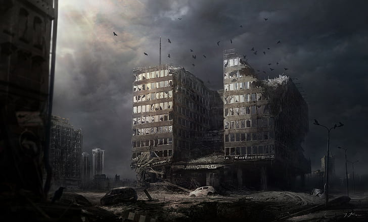artwork, apocalyptic, futuristic, ruin, HD wallpaper