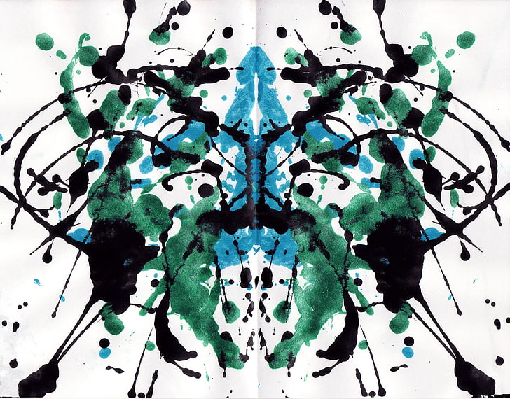 green and blue leaf plant, ink, paint splatter, symmetry, Rorschach test
