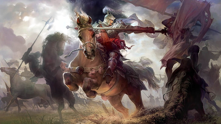 knight riding horse digital wallpaper, fantasy art, spear, animal wildlife
