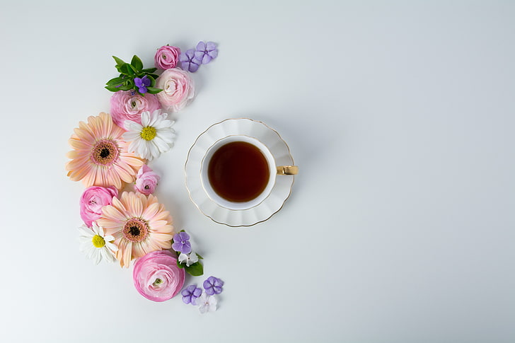 flowers, coffee, Cup, pink, tender, HD wallpaper