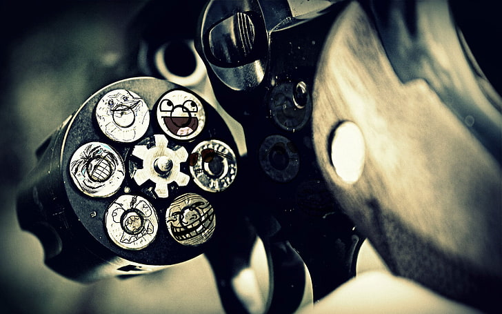 black revolver cylinder, awesome, meme, trollface, weapon, gun, HD wallpaper
