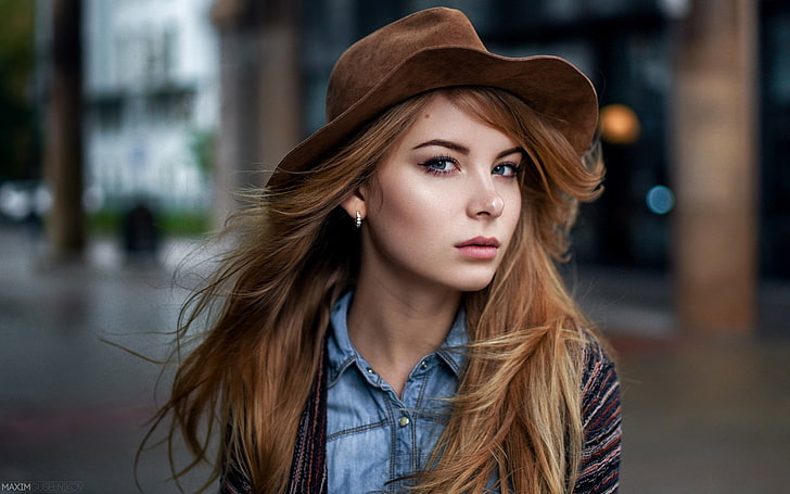 women, model, blonde, face, portrait, hat, Irina Popova, Maxim Guselnikov