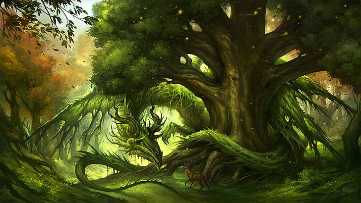 green dragon and tree wallpaper, nature, trees, plants, forest