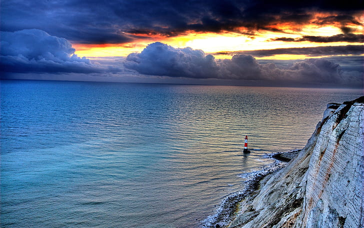 Sea, rock, lighthouse, sky, clouds, sunset, dusk, HD wallpaper