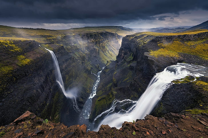 landscape, nature, waterfall, canyon, river, dark, clouds, Iceland