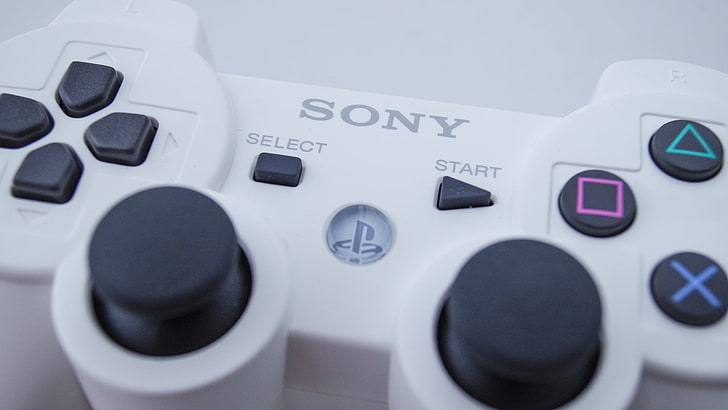 white Sony PlayStation gamepad, PlayStation 3, controllers, closeup